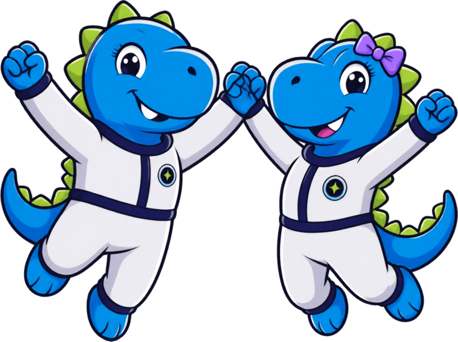 Dois mascotes Dinno de traje espacial pulando juntos e batendo as mãos.