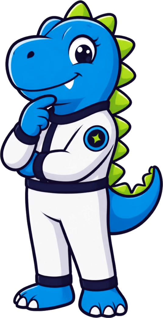 O mascote Dinno de traje espacial, em pé, com a mão no queixo em pose pensativa.