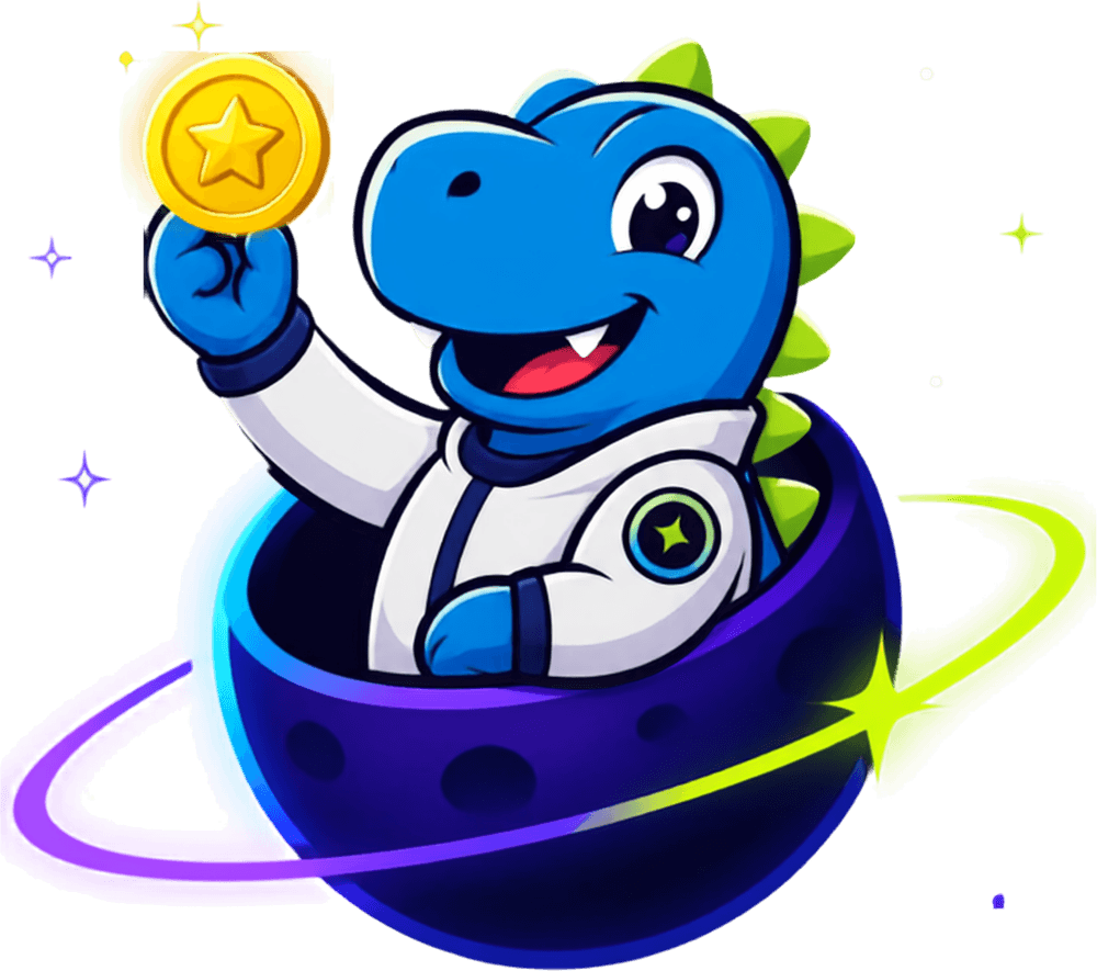 Dinno, o dinossauro astronauta azul, saindo de um planeta roxo e erguendo uma moeda Starcoin dourada.