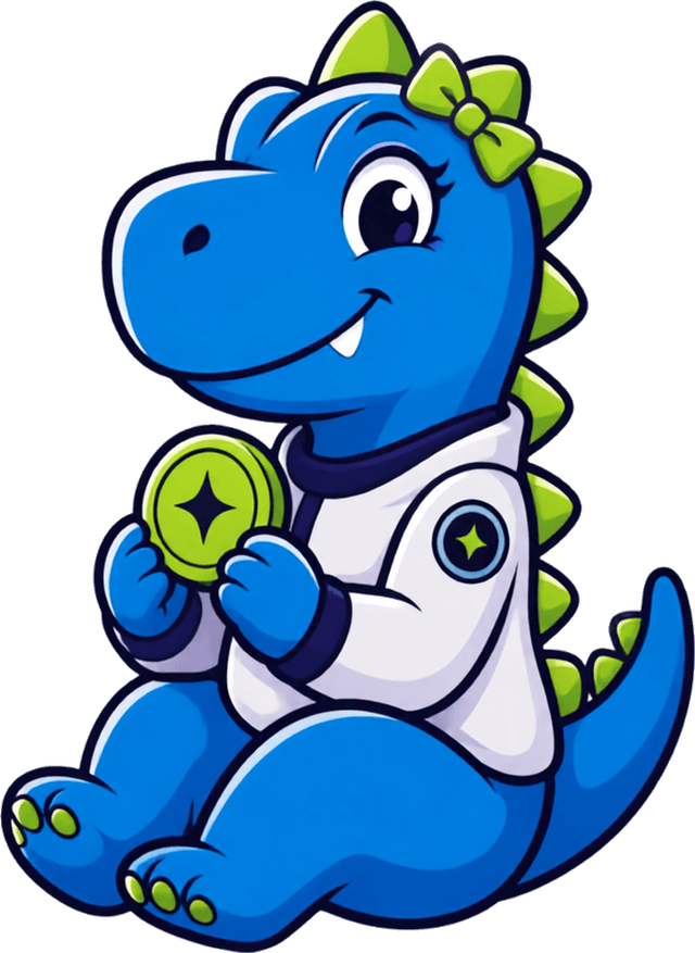 O mascote Dinno sentado, segurando uma moeda Starcoin.